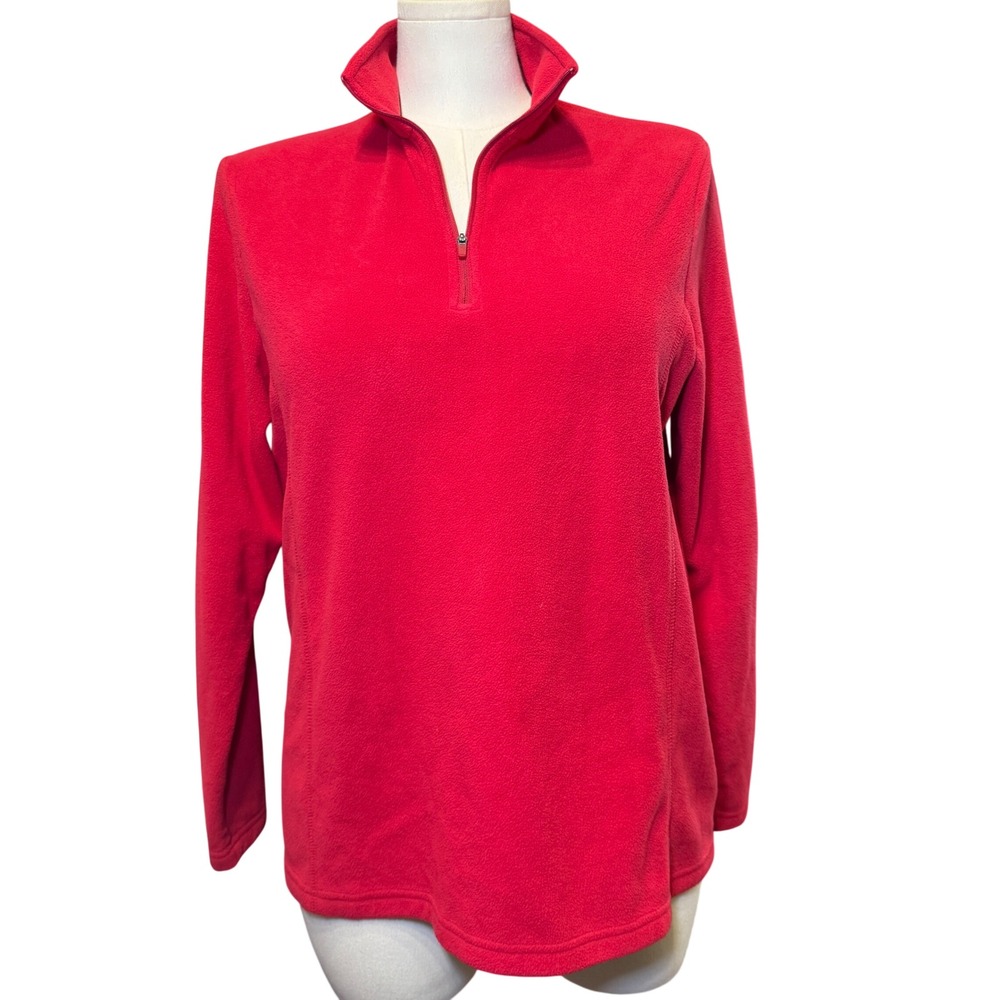 Lands End Womens Red Quarter Zip Fleece Pullover Sweater Size L 14-16 502945